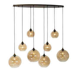 QAZQA Pendelleuchten|Wohnzimmerlampen*Smart Pendant Lamp Dark Bronze with Amber Glass Oval 8-Lights Incl. 8 Wifi G95 - Sandra