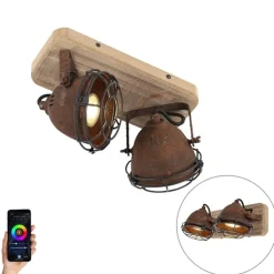 QAZQA Smarte Spots|Smarte Deckenleuchten*Smart Spot Rostbraun mit Holz inkl. 2 WiFi GU10 - Gina