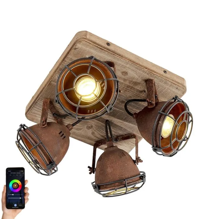 QAZQA Schlafzimmerlampen|Küchenlampen*Smart Spot Rostbraun mit Holz inkl. 4 WiFi GU10 - Gina