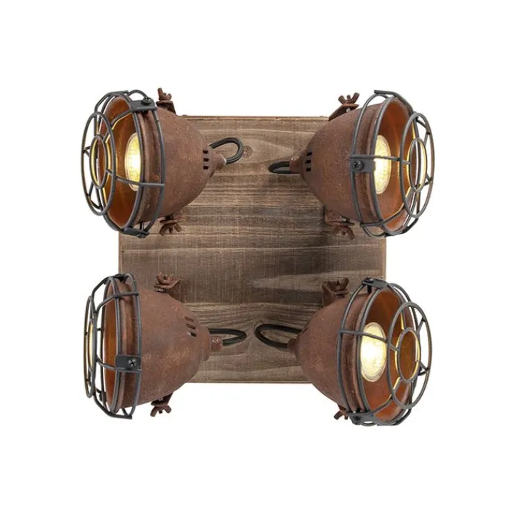 QAZQA Schlafzimmerlampen|Küchenlampen*Smart Spot Rostbraun mit Holz inkl. 4 WiFi GU10 - Gina