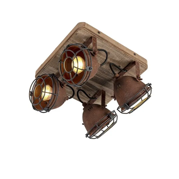 QAZQA Schlafzimmerlampen|Küchenlampen*Smart Spot Rostbraun mit Holz inkl. 4 WiFi GU10 - Gina