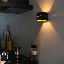 QAZQA Smarte Wandleuchten|Wandleuchten*Smart Wandleuchte schwarz mit Gold 9,7 cm inkl. WiFi G9 - Transfer Groove