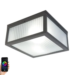 QAZQA Gartenbeleuchtung|Badezimmerlampen*Smarte Außendeckenleuchte schwarz mit geripptem Glas inkl. WLAN A60 - Charlois