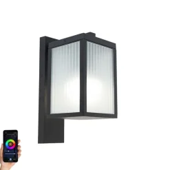 QAZQA Gartenbeleuchtung|Smarte Außenbeleuchtung*Smarte Außenwandlaterne schwarz mit geripptem Glas inkl. WLAN A60 - Charlois
