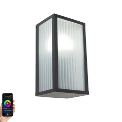 QAZQA Gartenbeleuchtung|Badezimmerlampen*Smarte Außenwandleuchte schwarz mit geripptem Glas inkl. WLAN A60 - Charlois