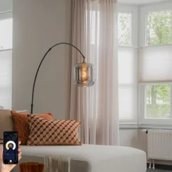 QAZQA Schlafzimmerlampen|Küchenlampen*Smarte Bogen Stehlampe Schwarz mit Gold und Rauchglas inkl. WiFi G95 - Zuzanna