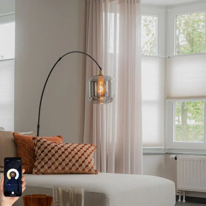 QAZQA Schlafzimmerlampen|Küchenlampen*Smarte Bogen Stehlampe Schwarz mit Gold und Rauchglas inkl. WiFi G95 - Zuzanna