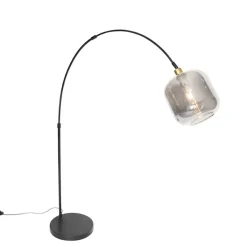 QAZQA Schlafzimmerlampen|Küchenlampen*Smarte Bogen Stehlampe Schwarz mit Gold und Rauchglas inkl. WiFi G95 - Zuzanna