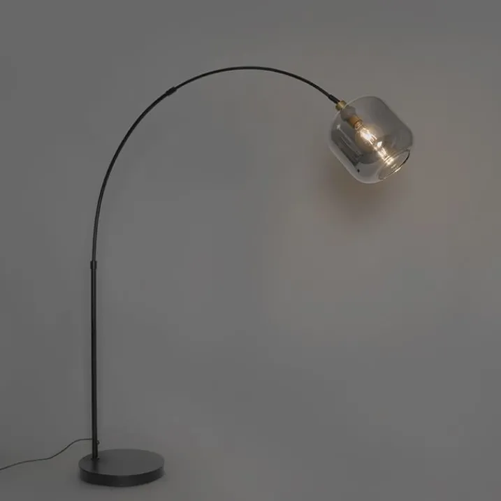 QAZQA Schlafzimmerlampen|Küchenlampen*Smarte Bogen Stehlampe Schwarz mit Gold und Rauchglas inkl. WiFi G95 - Zuzanna