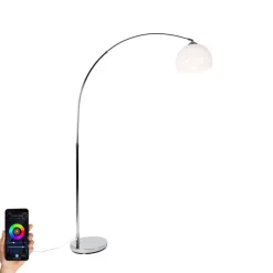 QAZQA Esszimmerlampen|Wohnzimmerlampen*Smarte Bogenlampe Chrom mit weißem Schirm inkl. Wifi A60 - Arc Basic