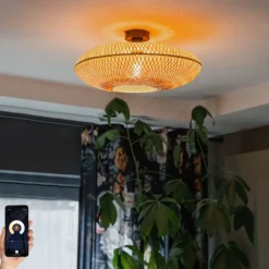 Kinder QAZQA Kinderzimmerlampen|Deckenleuchten*Smarte Deckenleuchte Bambus 50 cm inkl. Wifi G95 - Ostrava