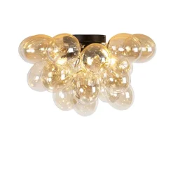 QAZQA Deckenleuchten|Wohnzimmerlampen*Smarte Deckenleuchte schwarz mit bernsteinfarbenem Glas 6-flammig inkl. 6 WiFi G9 - Uvas