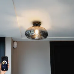 QAZQA Smarte Deckenleuchten|Deckenleuchten*Smarte Deckenleuchte schwarz mit Rauchglas inkl. WLAN P45 - Busa