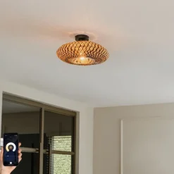 Kinder QAZQA Kinderzimmerlampen|Deckenleuchten*Smarte Deckenleuchte Schwarz Bambus 40 cm inkl. Wifi A60 - Ostrava