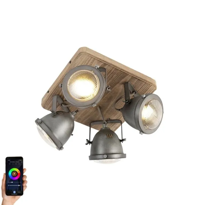 QAZQA Smarte Spots|Smarte Deckenleuchten*Smarte Deckenleuchte Stahl mit Holz inkl. 4 WiFi GU10 - Emado