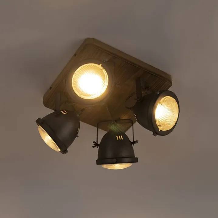 QAZQA Smarte Spots|Smarte Deckenleuchten*Smarte Deckenleuchte Stahl mit Holz inkl. 4 WiFi GU10 - Emado