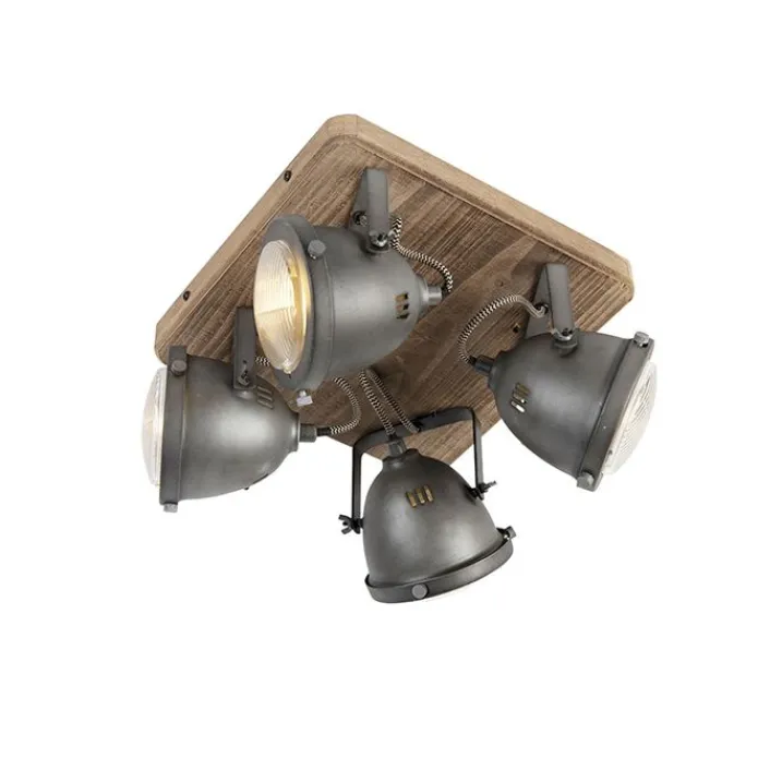 QAZQA Smarte Spots|Smarte Deckenleuchten*Smarte Deckenleuchte Stahl mit Holz inkl. 4 WiFi GU10 - Emado