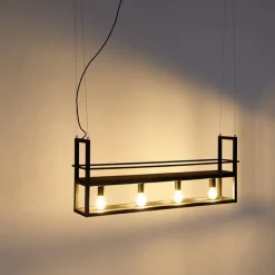 QAZQA Smarte Pendelleuchten|Pendelleuchten*Smarte Hängelampe schwarz mit Holz und Gestell 4-flammig inkl. Wifi A60 - Cage Rack