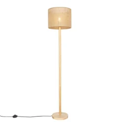 QAZQA Stehlampen|Wohnzimmerlampen*Smarte Holz-Stehleuchte mit naturfarbenem Leinenschirm 32 cm inkl. Wifi A60 - Mels