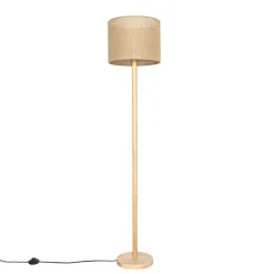 QAZQA Stehlampen|Wohnzimmerlampen*Smarte Holz-Stehleuchte mit naturfarbenem Leinenschirm 32 cm inkl. Wifi A60 - Mels