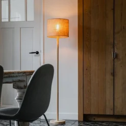 QAZQA Stehlampen|Wohnzimmerlampen*Smarte Holz-Stehleuchte mit naturfarbenem Leinenschirm 32 cm inkl. Wifi A60 - Mels