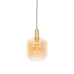 QAZQA Schlafzimmerlampen|Küchenlampen*Smarte Pendelleuchte Schwarz mit Messing und bernsteinfarbenem Glas inkl. Wifi G95 - Zuzanna