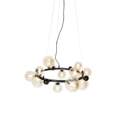 QAZQA Pendelleuchten|Wohnzimmerlampen*Smarte Pendelleuchte schwarz mit bernsteinfarbenem Glas 12-flammig inkl. 12 WiFi G9 - David