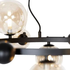 QAZQA Pendelleuchten|Wohnzimmerlampen*Smarte Pendelleuchte schwarz mit bernsteinfarbenem Glas 12-flammig inkl. 12 WiFi G9 - David