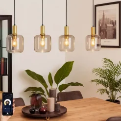 QAZQA Schlafzimmerlampen|Küchenlampen*Smarte Pendelleuchte Schwarz mit Messing und bernsteinfarbenem Glas 4-flammig inkl. 4 Wifi G95 - Zuzanna