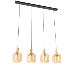 QAZQA Schlafzimmerlampen|Küchenlampen*Smarte Pendelleuchte Schwarz mit Messing und bernsteinfarbenem Glas 4-flammig inkl. 4 Wifi G95 - Zuzanna