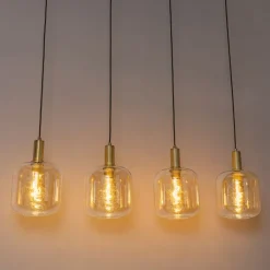 QAZQA Schlafzimmerlampen|Küchenlampen*Smarte Pendelleuchte Schwarz mit Messing und bernsteinfarbenem Glas 4-flammig inkl. 4 Wifi G95 - Zuzanna