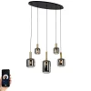 QAZQA Pendelleuchten|Wohnzimmerlampen*Smarte Pendelleuchte Schwarz mit Gold und Rauchglas Oval 5-Licht inkl. 5 Wifi G95 - Zuzanna