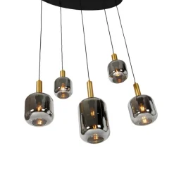 QAZQA Pendelleuchten|Wohnzimmerlampen*Smarte Pendelleuchte Schwarz mit Gold und Rauchglas Oval 5-Licht inkl. 5 Wifi G95 - Zuzanna