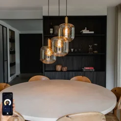 QAZQA Schlafzimmerlampen|Küchenlampen*Smarte Pendelleuchte Schwarz mit Messing und bernsteinfarbenem Glas 3-flammig inkl. 3 Wifi G95 - Zuzanna
