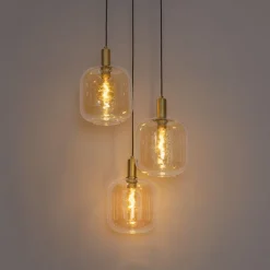QAZQA Schlafzimmerlampen|Küchenlampen*Smarte Pendelleuchte Schwarz mit Messing und bernsteinfarbenem Glas 3-flammig inkl. 3 Wifi G95 - Zuzanna
