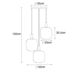 QAZQA Schlafzimmerlampen|Küchenlampen*Smarte Pendelleuchte Schwarz mit Messing und bernsteinfarbenem Glas 3-flammig inkl. 3 Wifi G95 - Zuzanna