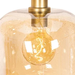 QAZQA Schlafzimmerlampen|Küchenlampen*Smarte Pendelleuchte Schwarz mit Messing und bernsteinfarbenem Glas 3-flammig inkl. 3 Wifi G95 - Zuzanna