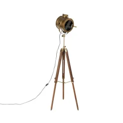 QAZQA Stehlampen|Wohnzimmerlampen*Smarte Stativ-Stehlampe Bronze mit Holz Studio Spot inkl. WiFi A60 - Radient