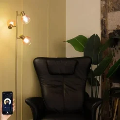 QAZQA Stehlampen|Wohnzimmerlampen*Smarte Stehleuchte Gold mit rosa Glas 3-Lichter inkl. 3 Wifi P45 - Vidro