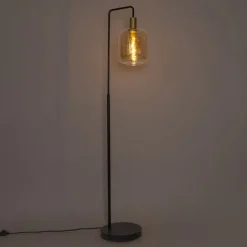 QAZQA Stehlampen|Wohnzimmerlampen*Smarte Stehleuchte Schwarz mit Messing und bernsteinfarbenem Glas inkl. WiFi G95 - Zuzanna