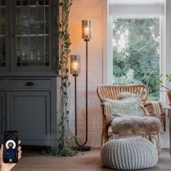 QAZQA Schlafzimmerlampen|Küchenlampen*Smarte Stehleuchte Schwarz mit Rauchglas 2-flammig inkl. 2 Wifi ST64 - Laura