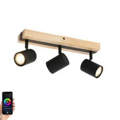 QAZQA Deckenstrahler|Aufbaustrahler*Smarter Deckenstrahler schwarz mit Holz 3-flammig dreh- und schwenkbar inkl. Wifi GU10 50mm - Jeana
