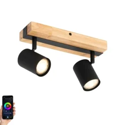 QAZQA Deckenstrahler|Aufbaustrahler*Smarter Deckenstrahler schwarz mit Holz 2-flammig verstellbar inkl. Wifi GU10 50mm - Jeana