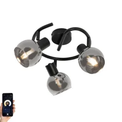 QAZQA Deckenstrahler|Aufbaustrahler*Smarter Deckenstrahler schwarz mit Rauchglas 3-flammig inkl. WiFi P45 - Vidro