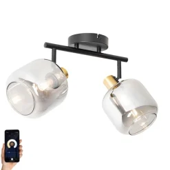 QAZQA Deckenstrahler|Aufbaustrahler*Smarter Deckenstrahler schwarz mit Gold und Rauchglas 2-flammig inkl. 2 Wifi P45 - Zuzanna