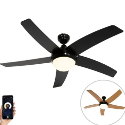 QAZQA Deckenventilator Mit Licht|Wohnzimmerlampen*Smarter Deckenventilator schwarz mit Holzprint 132cm inkl. LED Dimmbar mit Fernbedienung - Cool