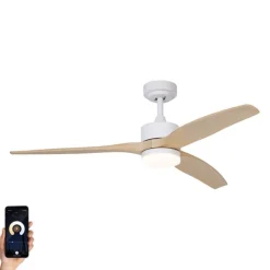 QAZQA Deckenventilator Mit Licht|Wohnzimmerlampen*Smarter Deckenventilator weiß mit Holzaufdruck 132cm inkl. LED Dimmbar mit Fernbedienung - Joly