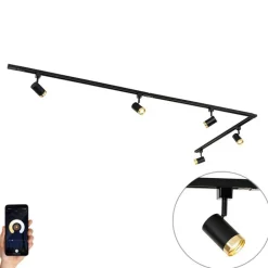 QAZQA Deckenstrahler|Aufbaustrahler*Smartes Schienensystem mit 5 Strahlern Schwarz Gold 1-phasig inkl. 5 Wifi GU10 50mm - Iconic Jeana