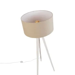 QAZQA Schlafzimmerlampen|Küchenlampen*Stativ-Stehleuchte weiß mit hellbraunem Stoffschirm 50cm - Tripod Classic