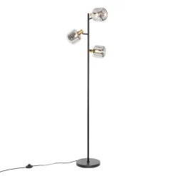 QAZQA Schlafzimmerlampen|Küchenlampen*Stehlampe schwarz mit Gold mit Rauchglas 3 Lichter - Zuzanna